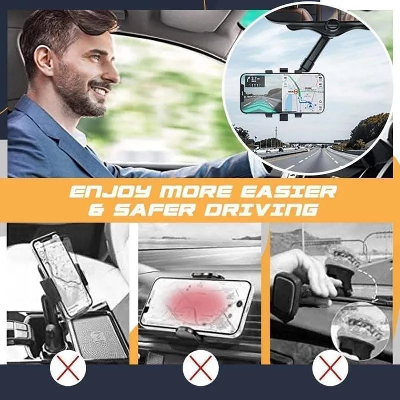 Black rearview mirror car phone holder showing 360-degree rotation and telescopic arm extended
