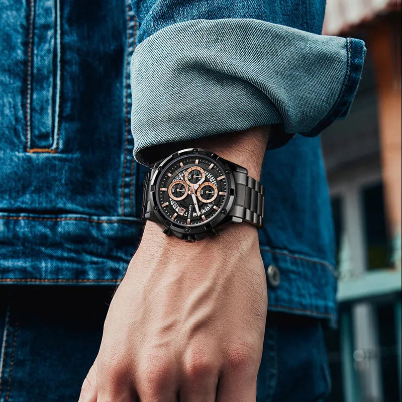 Men's stainless steel luminous quartz watch with a blue dial on a steel bracelet.