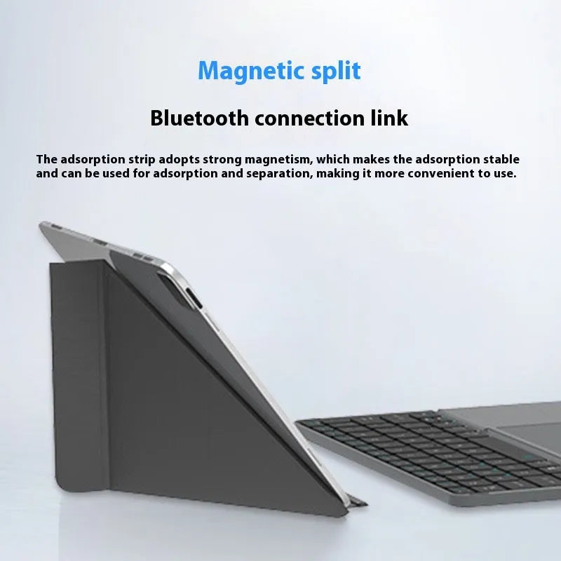 Grey folding Bluetooth wireless keyboard shown closed and open, for use with mobile phones and tablets.