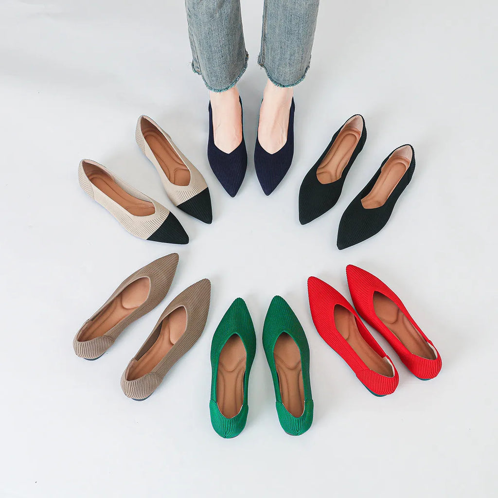 Women's knit flat pumps with pointed toe and rubber sole available in multiple colours