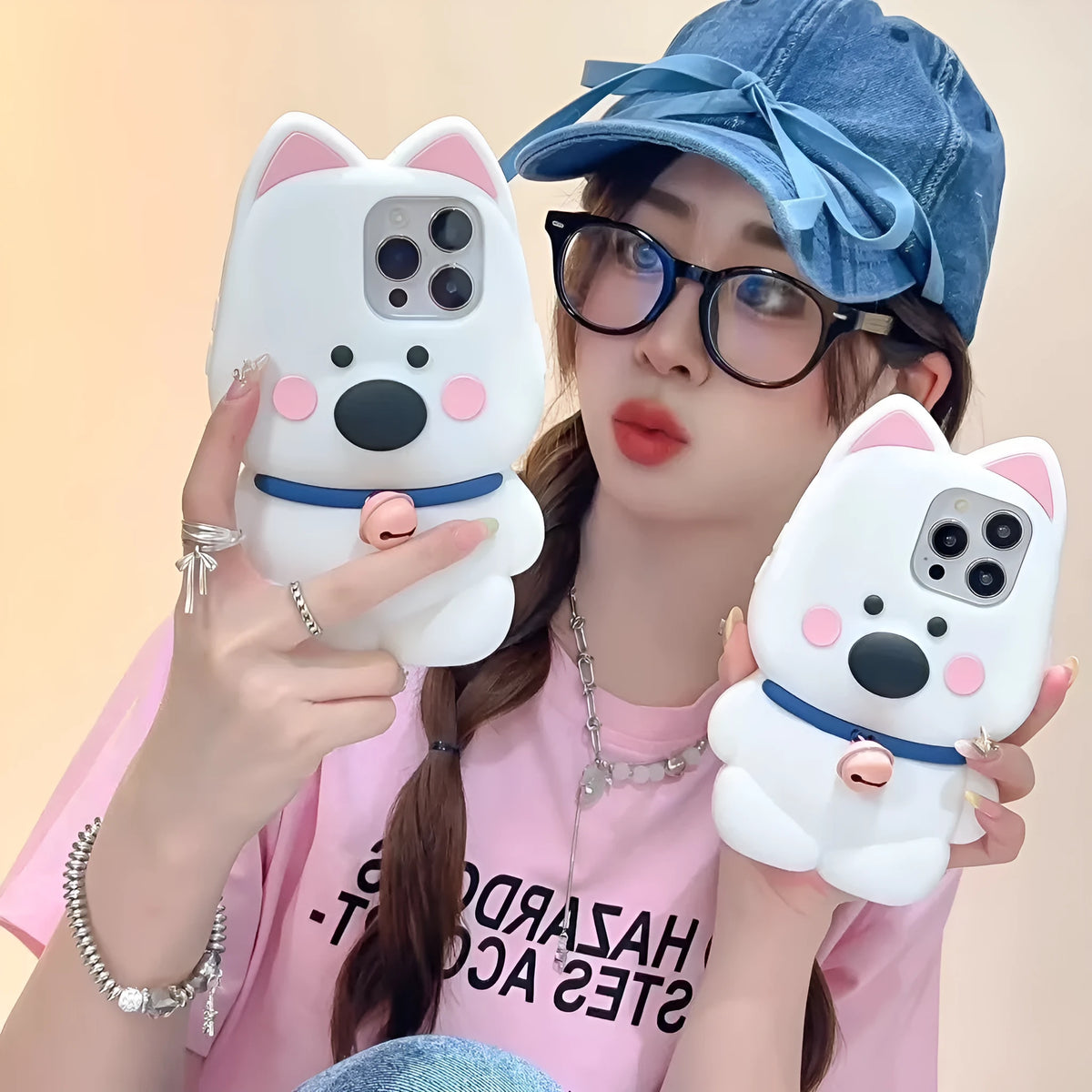 Pink silicone phone case with cartoon cute bell little white dog design for iPhone 12 13 14 15