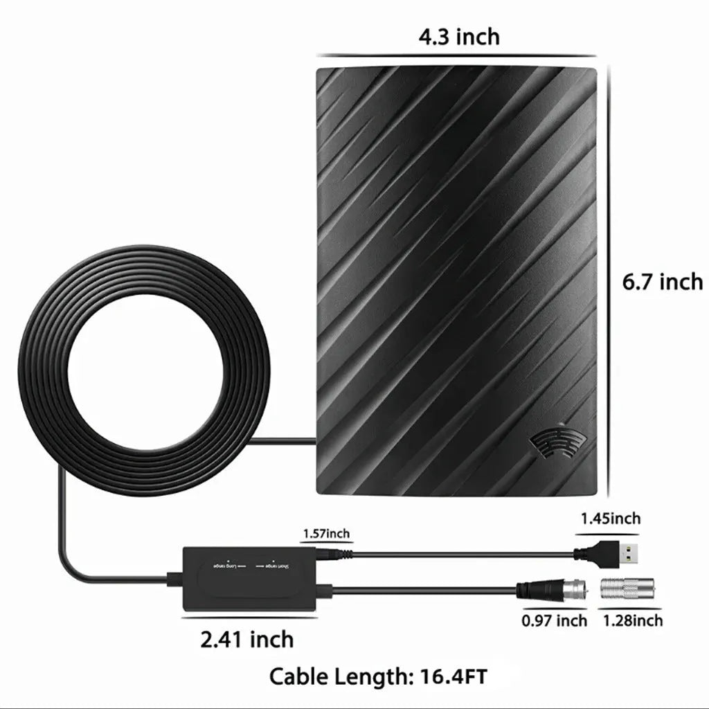 Black plastic digital television antenna with mounting accessories for home HD reception