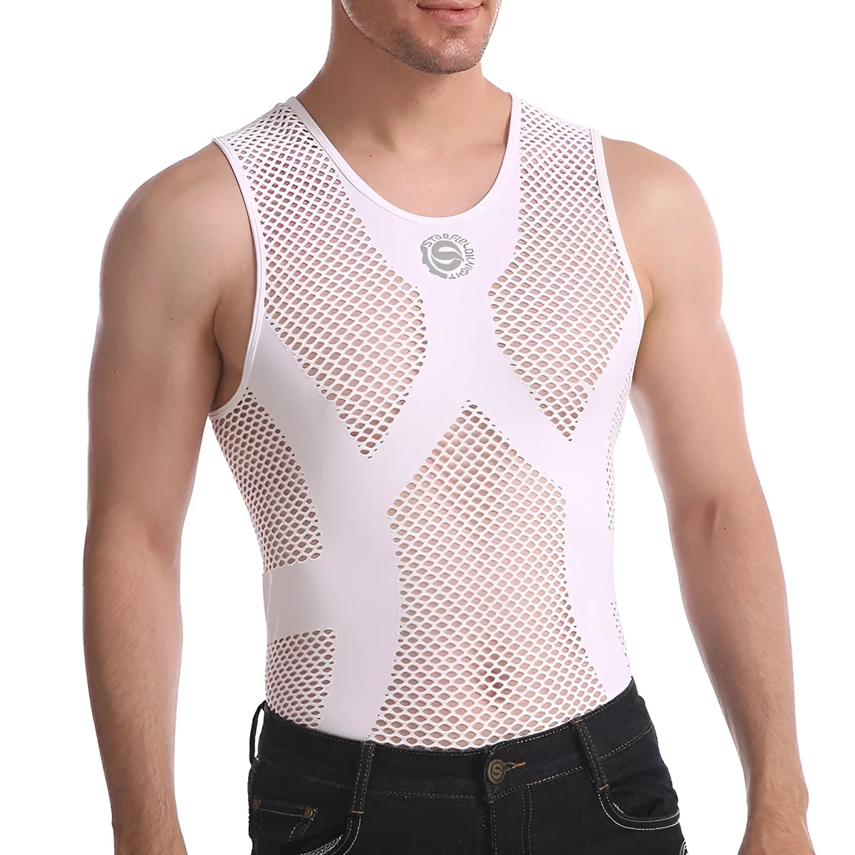 Men's solid white spandex mesh top with sweat-wicking function, shown in sizes L to XXXL