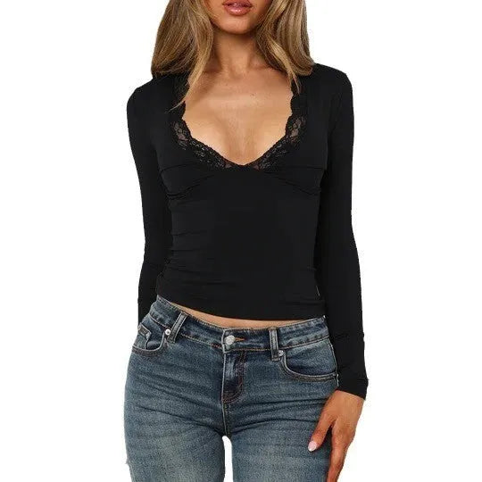 Slim-fit women's blouse with lace flower detailing and long sleeves