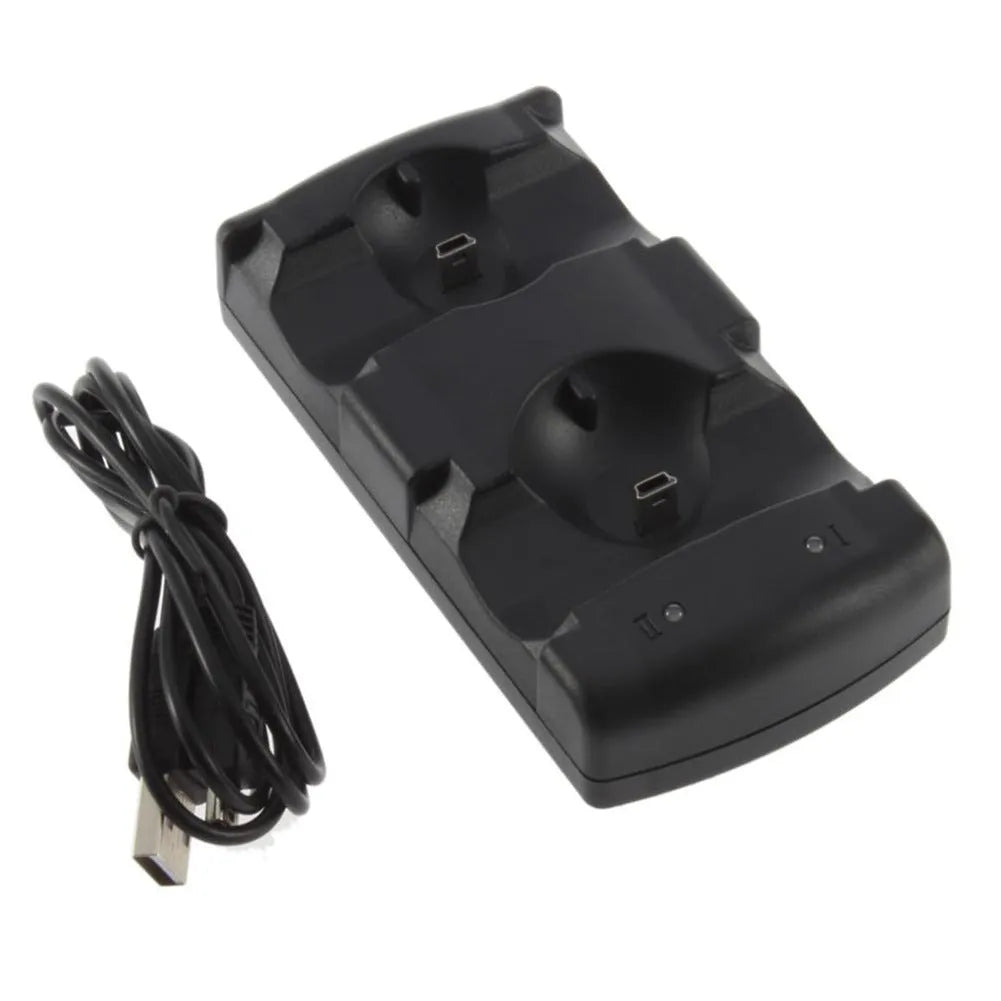 Black PS3 dual controller charging station with two wireless gamepads docked upright