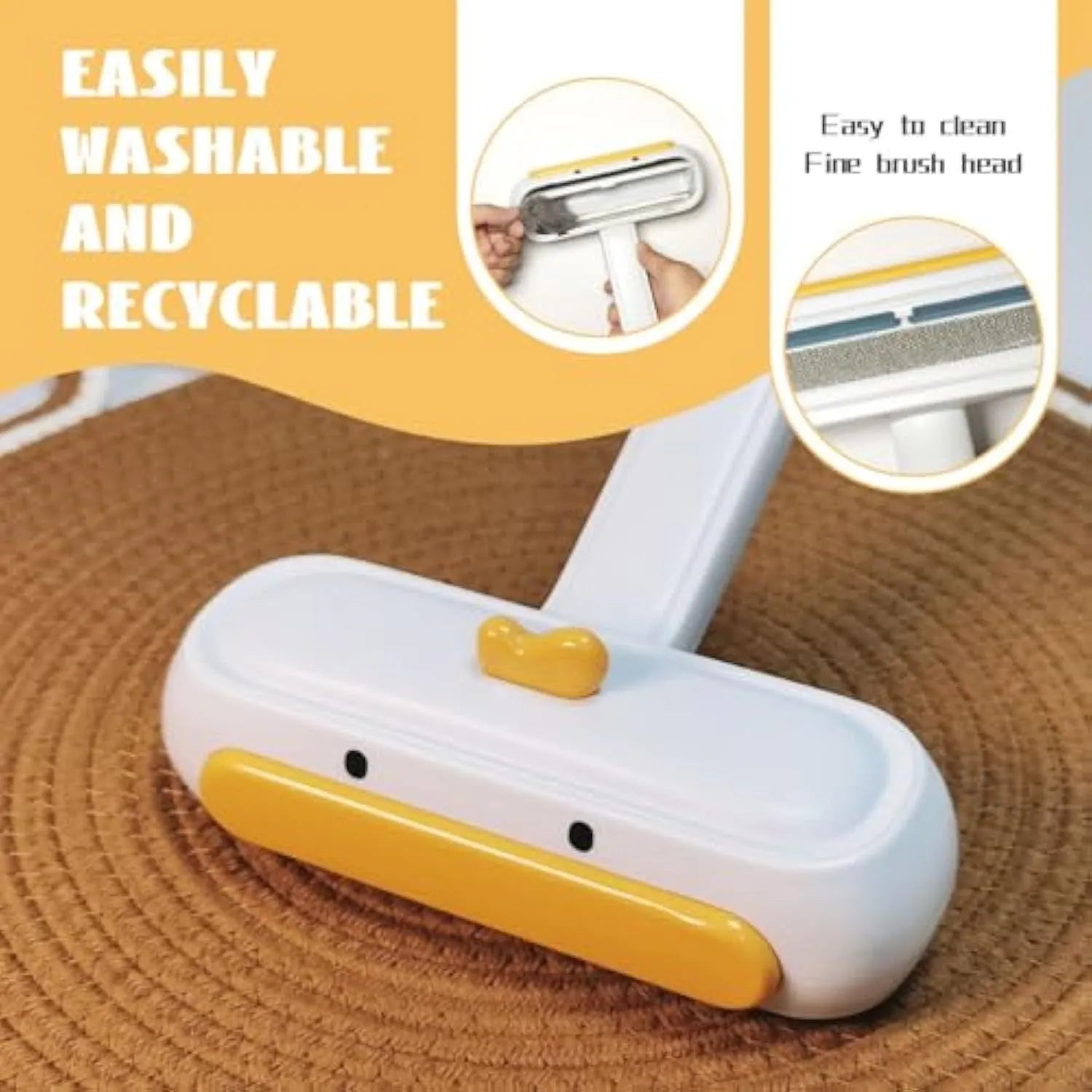 Yellow duck design portable pet hair remover with plastic body and polyester bristles.