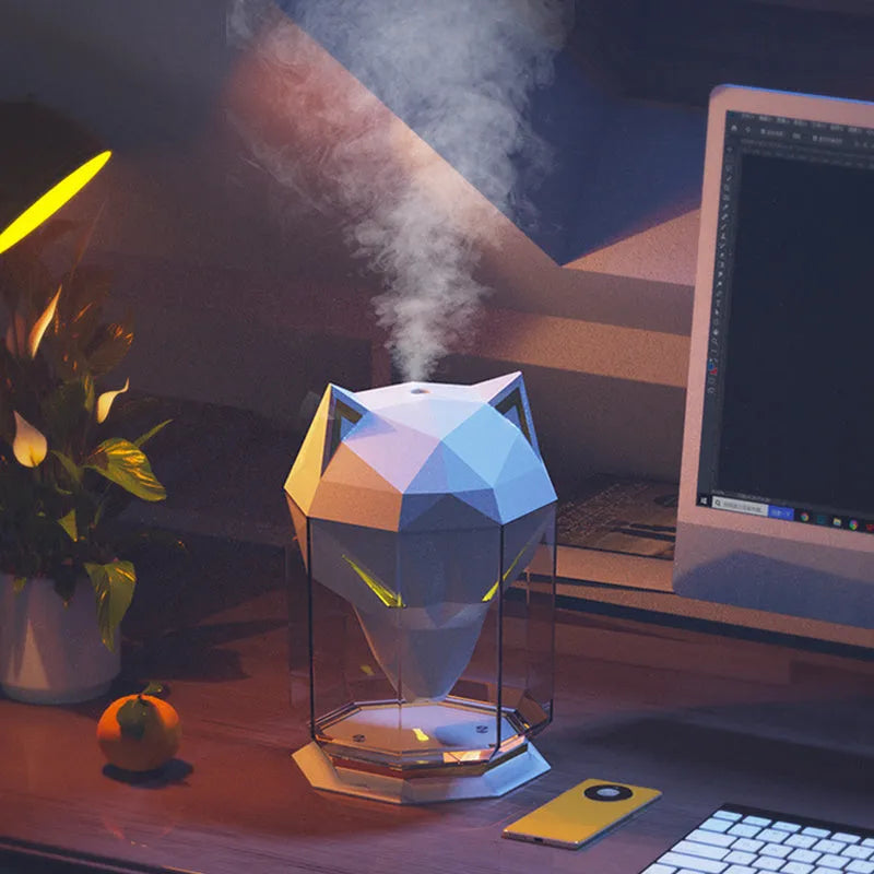 War Wolf black or white desktop ultrasonic humidifier with LED lights and USB cable.