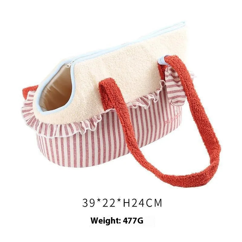Shoulder cat bag with cartoon pattern and vertical stripes in plush material