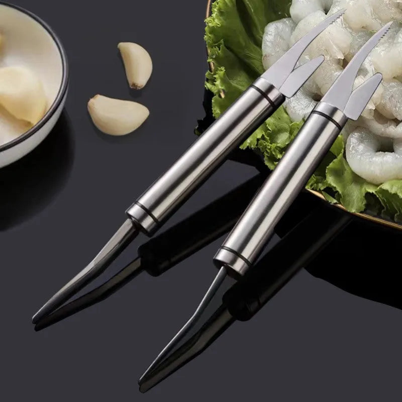 Multifunctional 304 stainless steel shrimp remover with eagle-beak tip and double row blades
