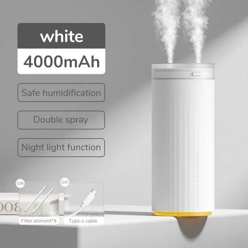 500ml desk humidifier with night light, two fog outlets, USB and car power, in Earth Brown, Coral Pink, or White.