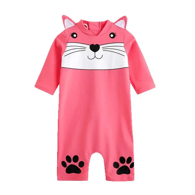 Baby long sleeve one-piece swimsuit in blue with polyester fabric for sun protection during swimming