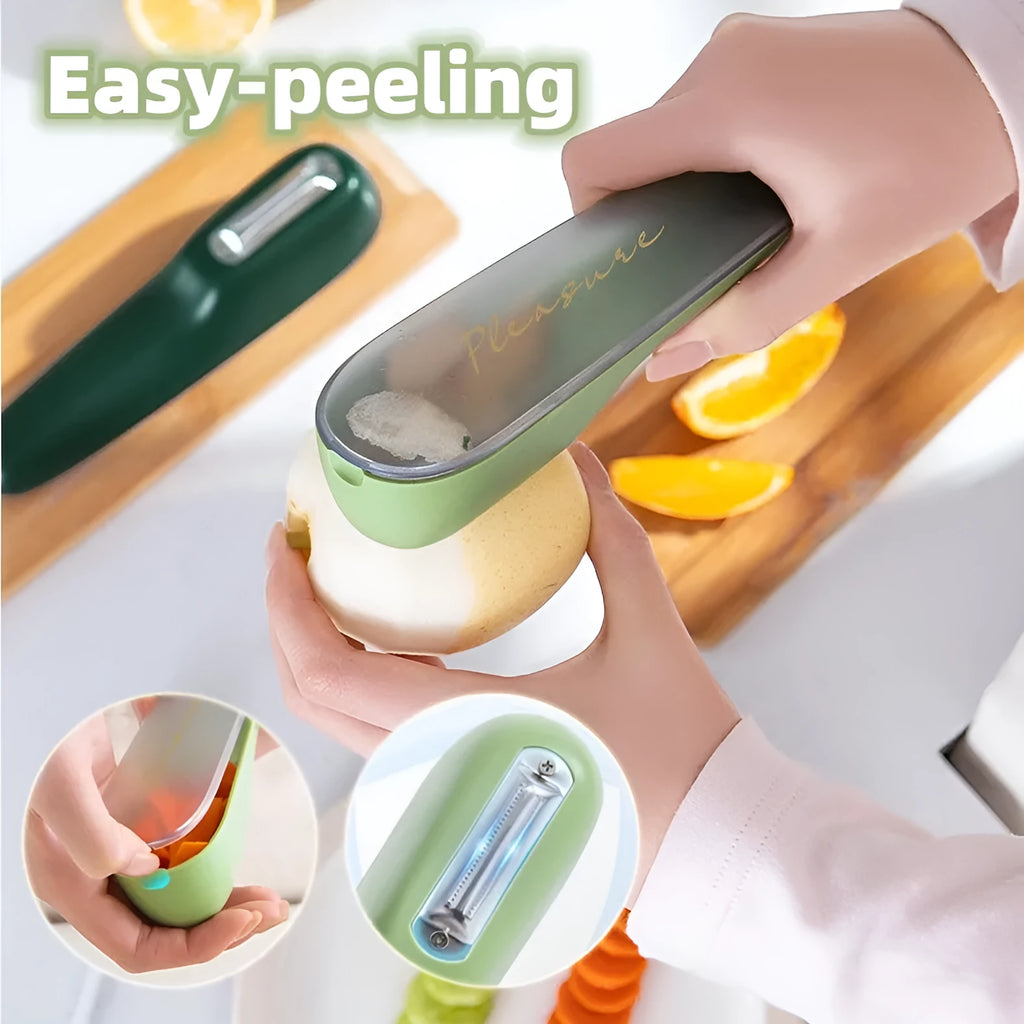 Green vegetable peeler with a storage tube, stainless steel blade, and plastic handle on a kitchen worktop.