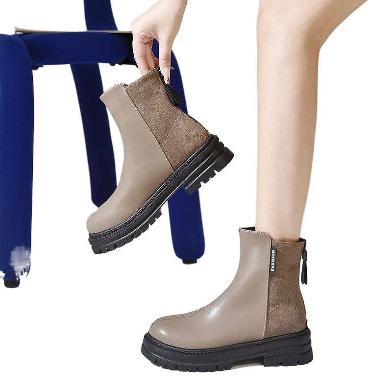 Large size women's platform Martin boots in solid colour, black, low tube, rubber sole