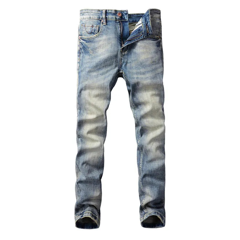 Men's retro straight-leg jeans in distressed blue washed denim with mid waist, zip fly and multiple pockets