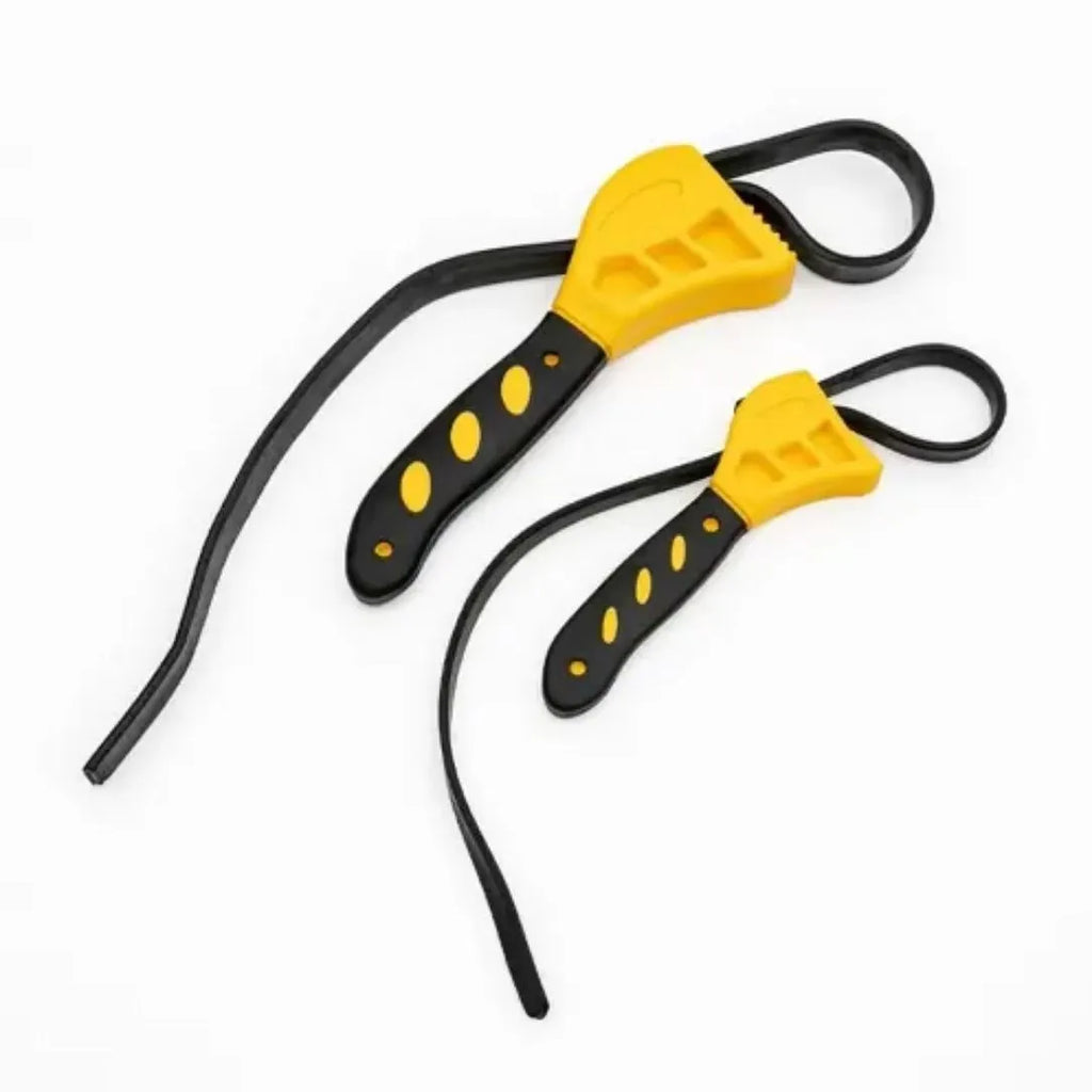 Two adjustable rubber strap wrenches, sizes 6-inch and 8-inch, with a 21.5 cm handle on a workbench.