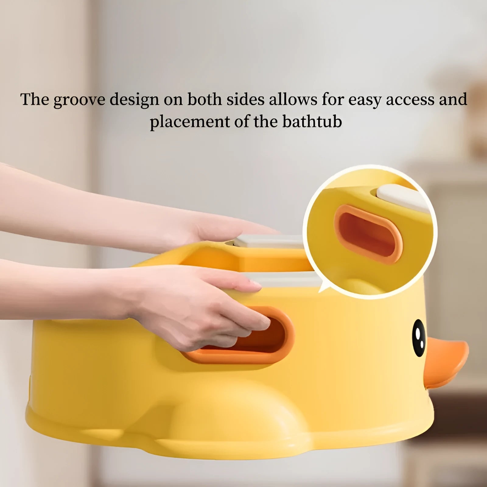 Blue duck-shaped PVC pet bath tub for washing dogs and cats on a floor.