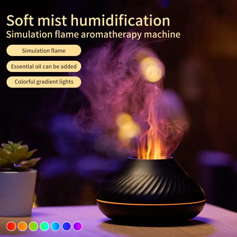 Volcanic flame aroma diffuser with LED lights and water mist emission