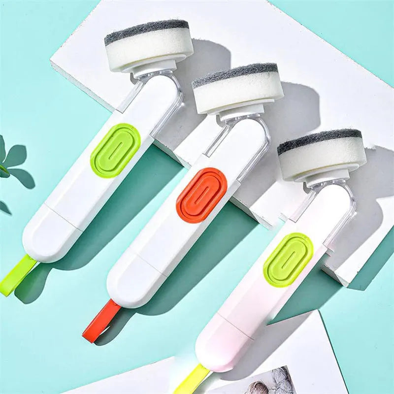 White and red long-handle kitchen brush with liquid dispenser button and two removable brush heads.