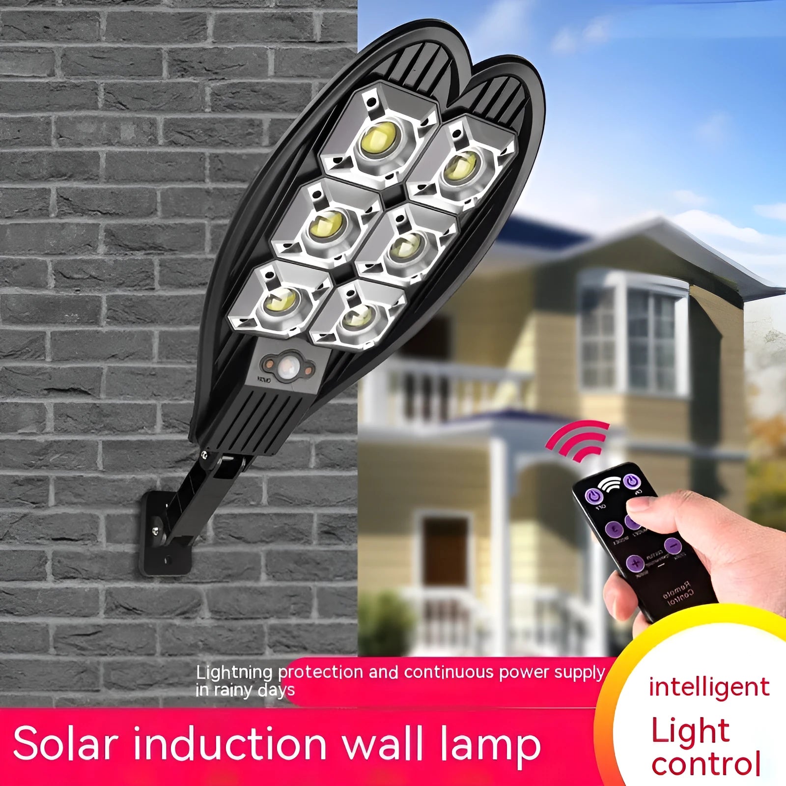 A white 6-eye sword-shaped solar garden lamp with remote control on a lawn.