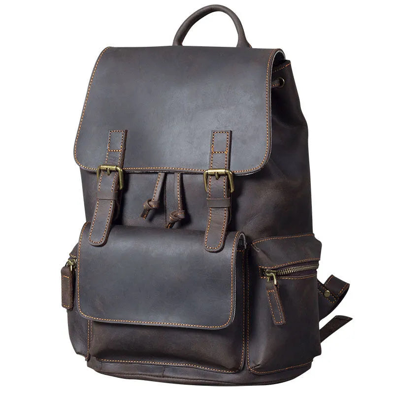Brown crazy horse leather backpack with double shoulder straps and soft handle
