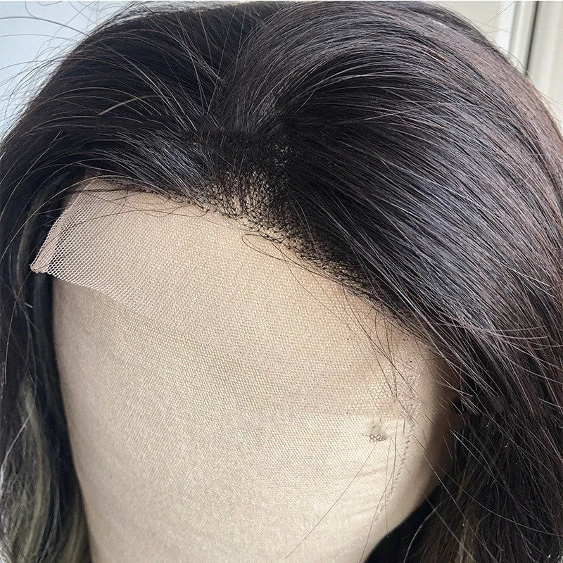 Human hair lace wig in straight or body wave, 10-18 inch, dyeable and ironable, with slanted bangs option.