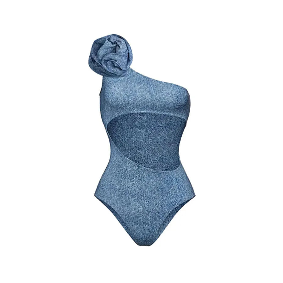 Women's one-shoulder cowboy style one-piece swimsuit in nylon fabric.