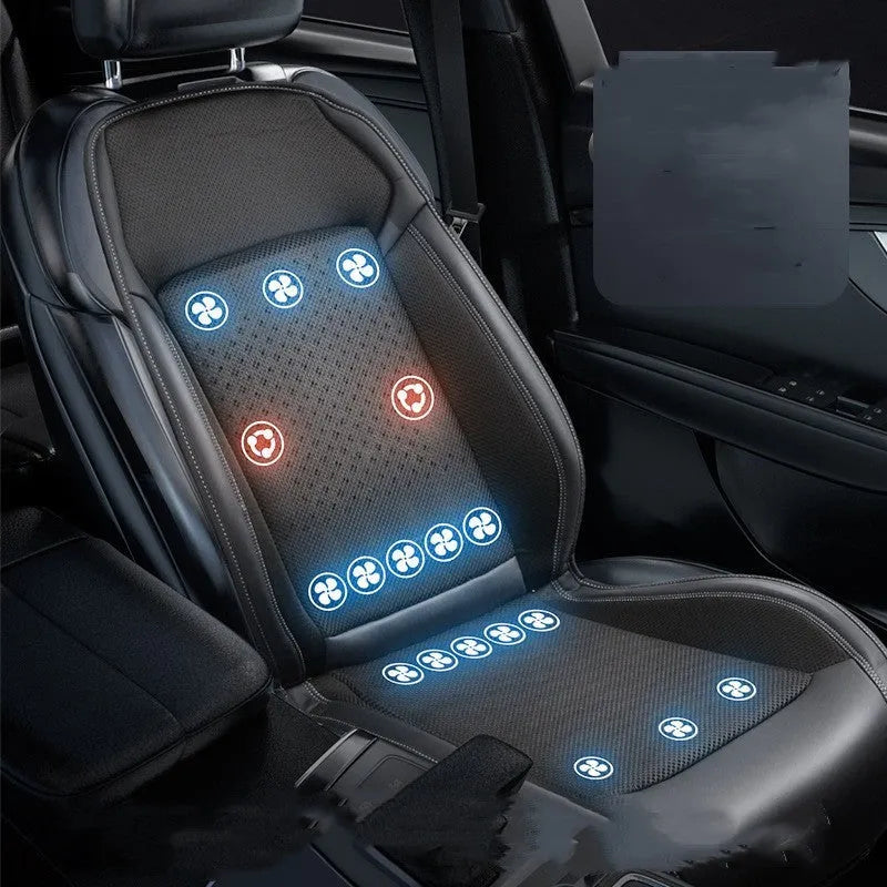 Car seat cooling pad with ventilation system in black colour featuring USB port and minimalist design