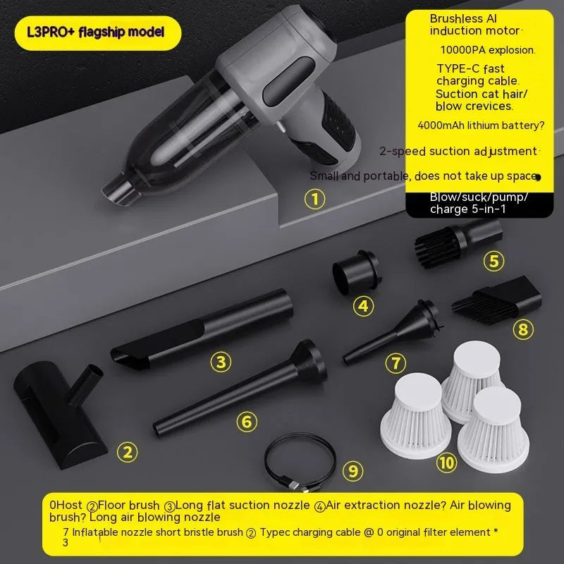 Black cordless handheld car vacuum cleaner with attachments on a grey car seat.
