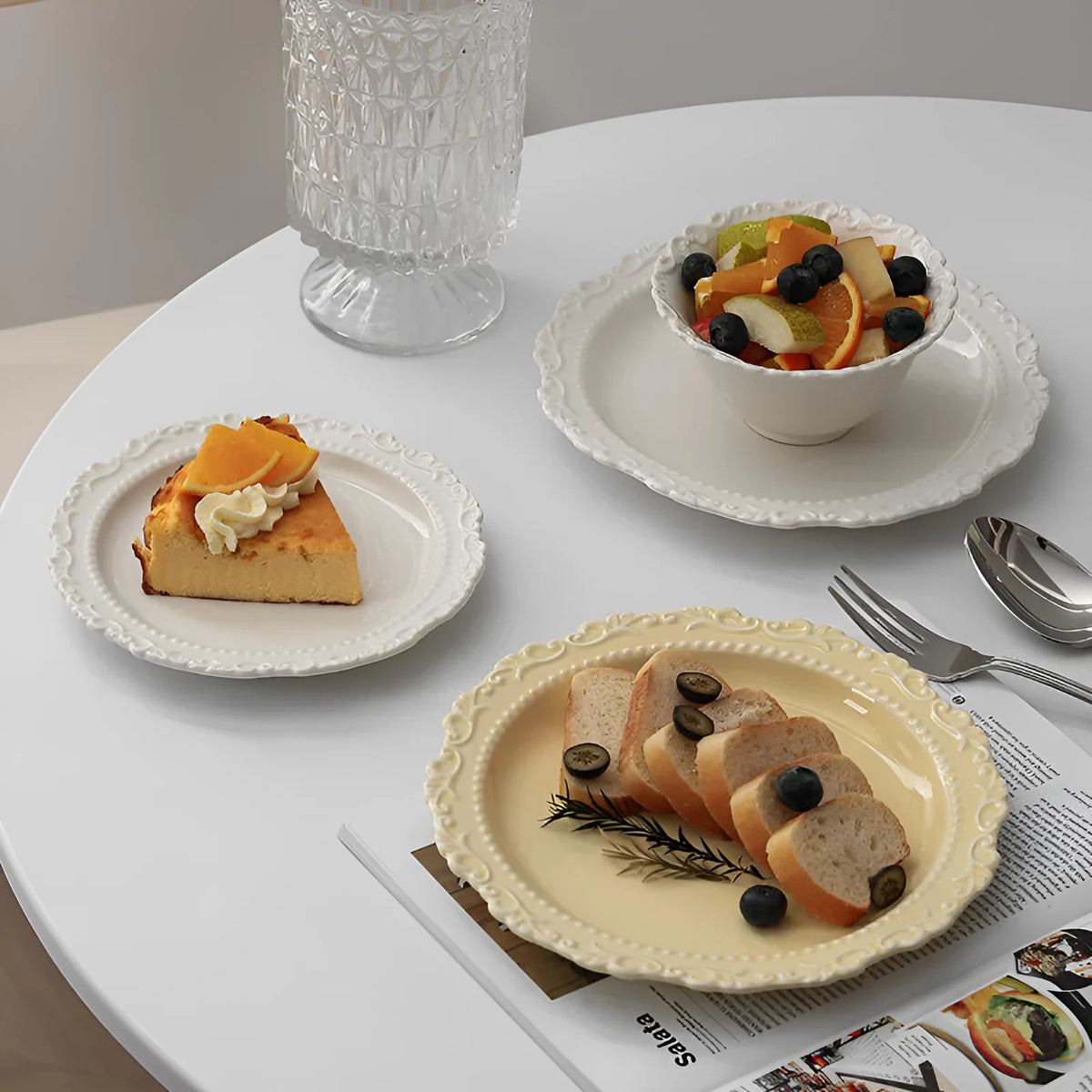 Cream ceramic lace vintage plate with irregular shape and coloured glaze, in white or yellow