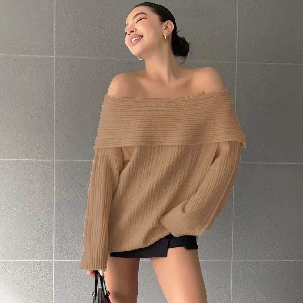 Women's loose-fitting acrylic pullover sweater in black, white, khaki or red with long sleeves