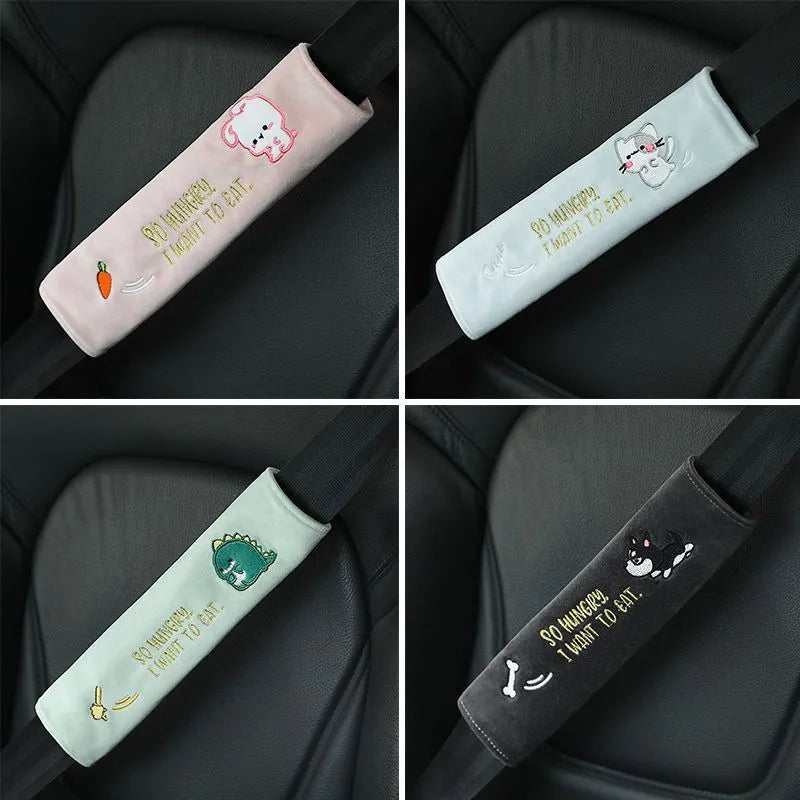Plush embroidered car headrest shoulder pad with cartoon lion design in blue