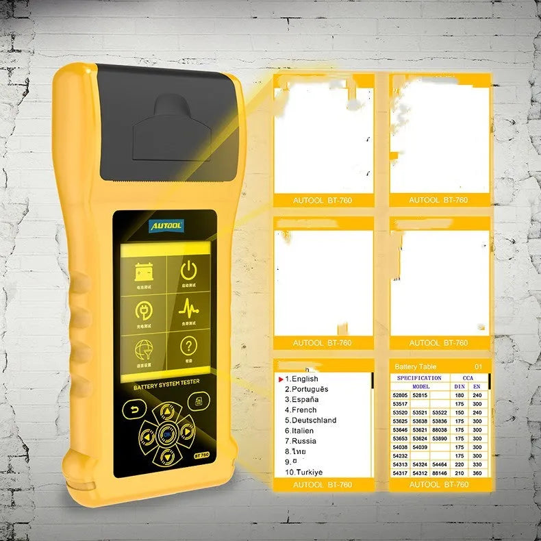 Autool BT760 vehicle battery tester with colour screen, thermal printer, and battery clip cables.