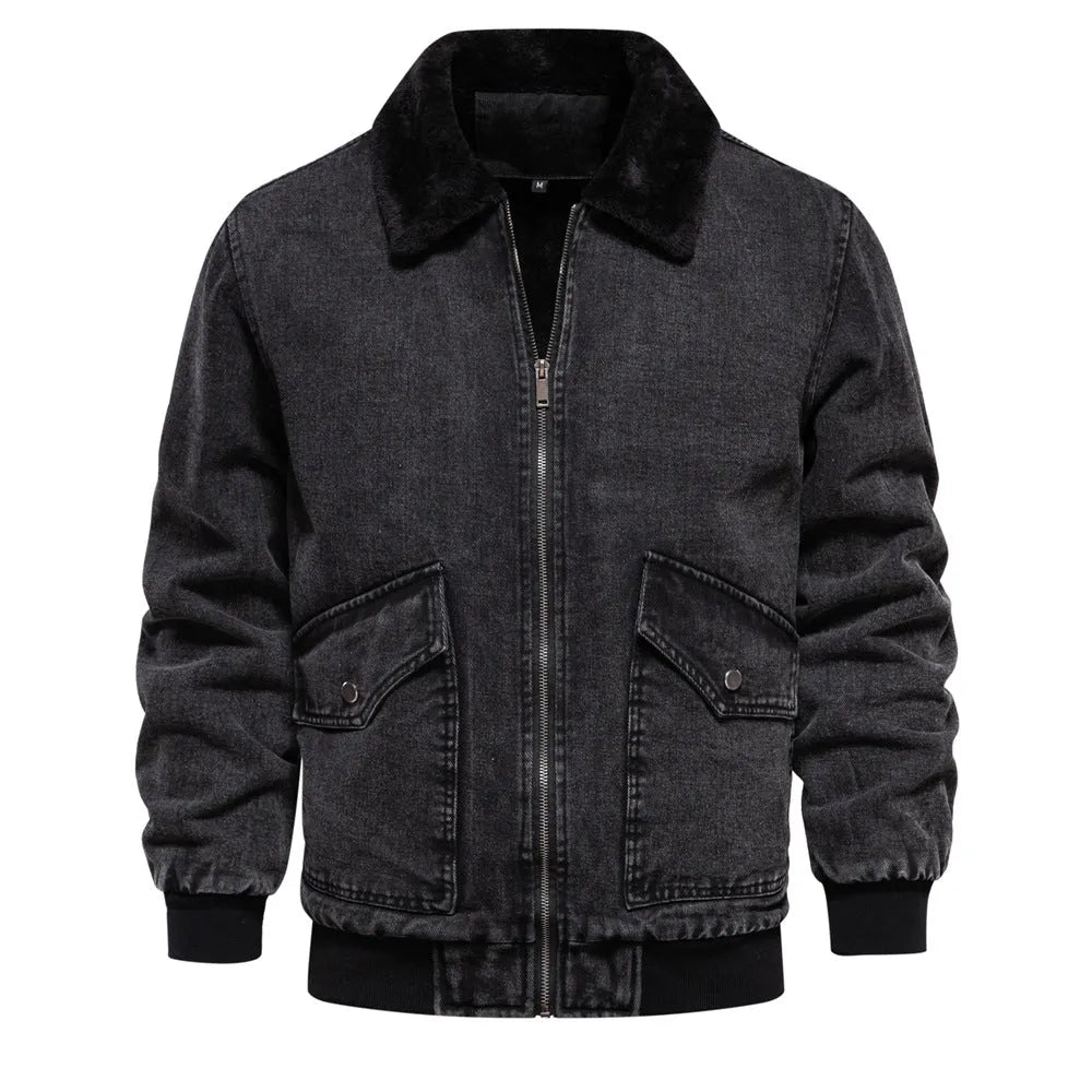 Men's plush denim jacket in European size with long sleeves and seam pockets in dark blue