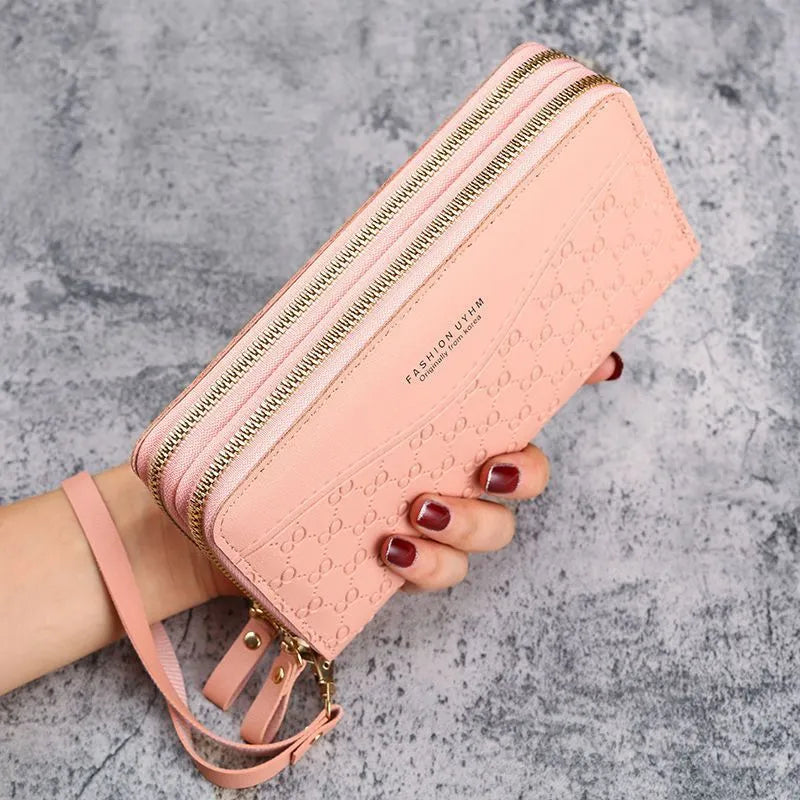 Women's double layer zipper coin purse in PU leather with six colour options, 20x4x10 cm