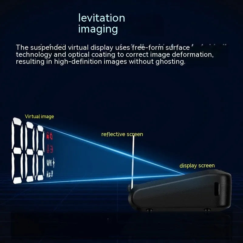 Black Head Up Display car projector with OBD cable and 2.0 inch screen.
