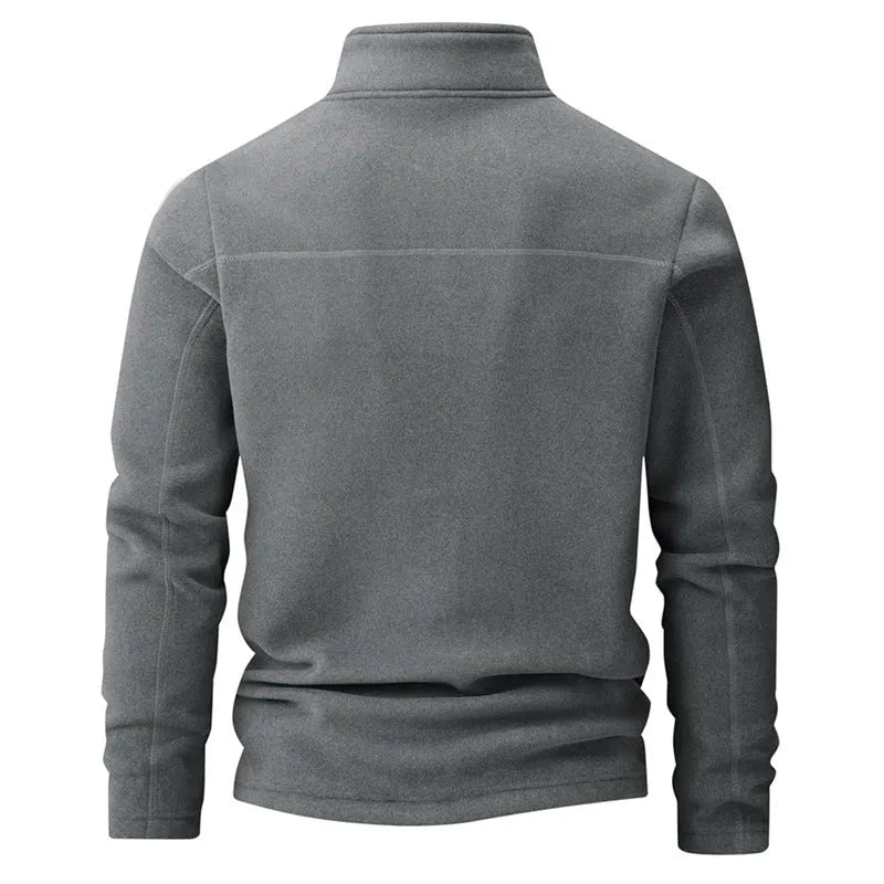 Men's stand collar half-zip long sleeve fleece sweatshirt in dark gray, loose fit polyester, front view