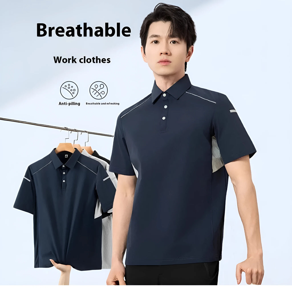 Men's short sleeve work shirt with ice-feeling quick-dry technology in silver, dark navy and black colours