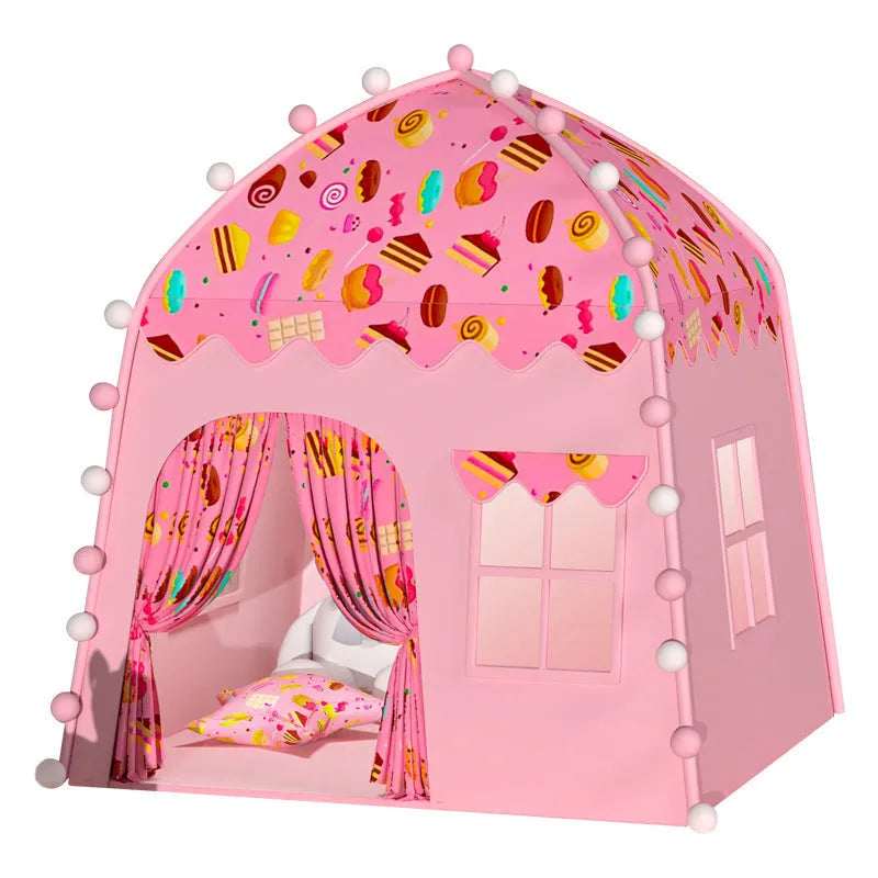 Children's Oxford cloth play tent in Blue Castle, Sweet House, Space blue or pollen design with optional light string