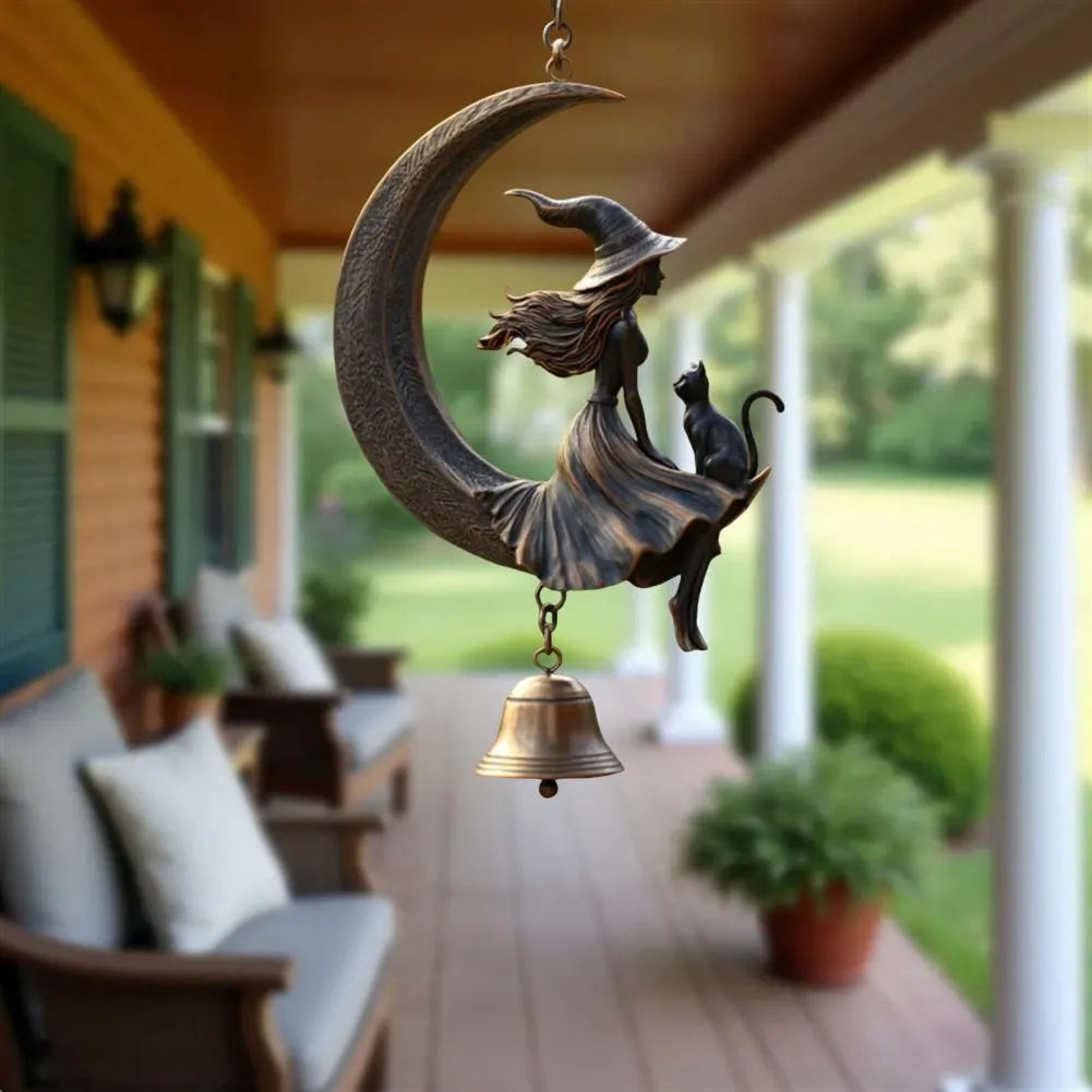 Witch moon and black cat bell pendant hanging ornament with suspension loop for courtyard decoration