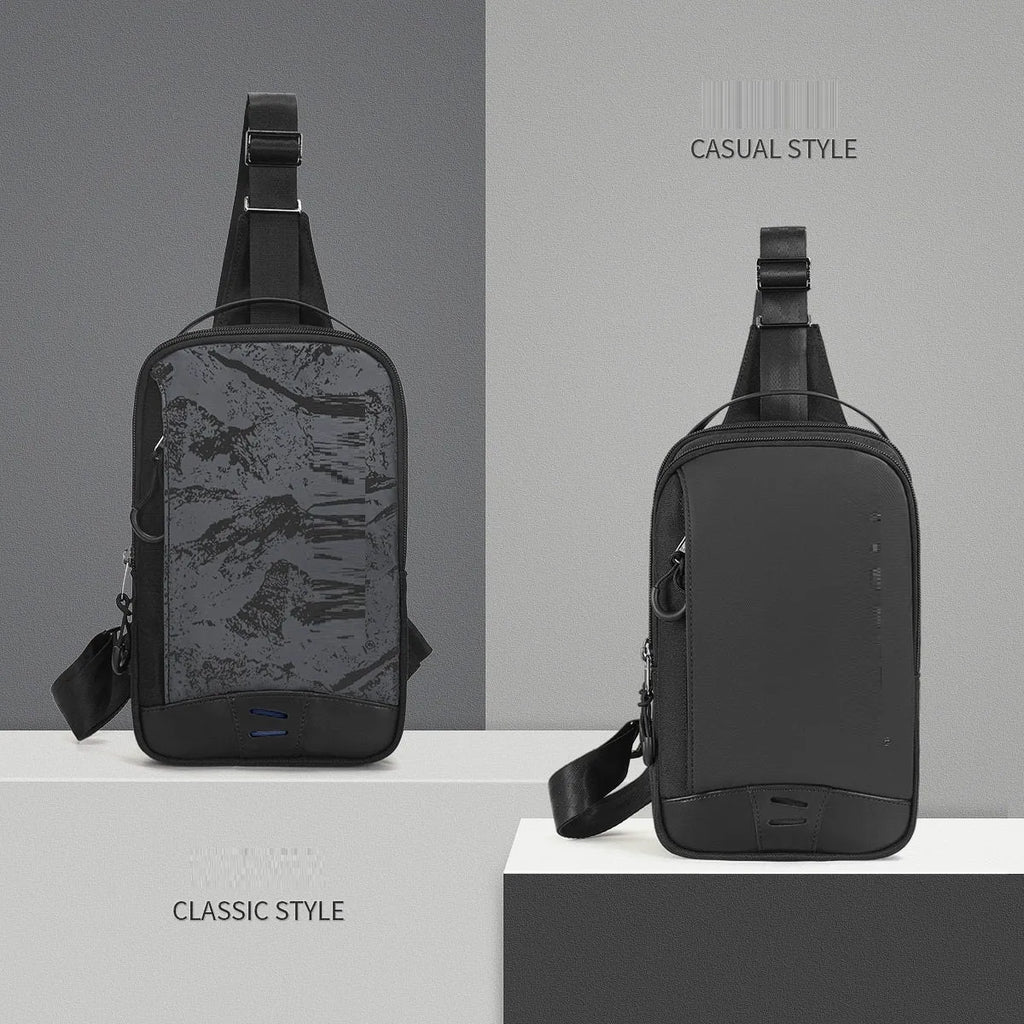 Casual black waterproof TPU chest bag with a single strap and soft handle.