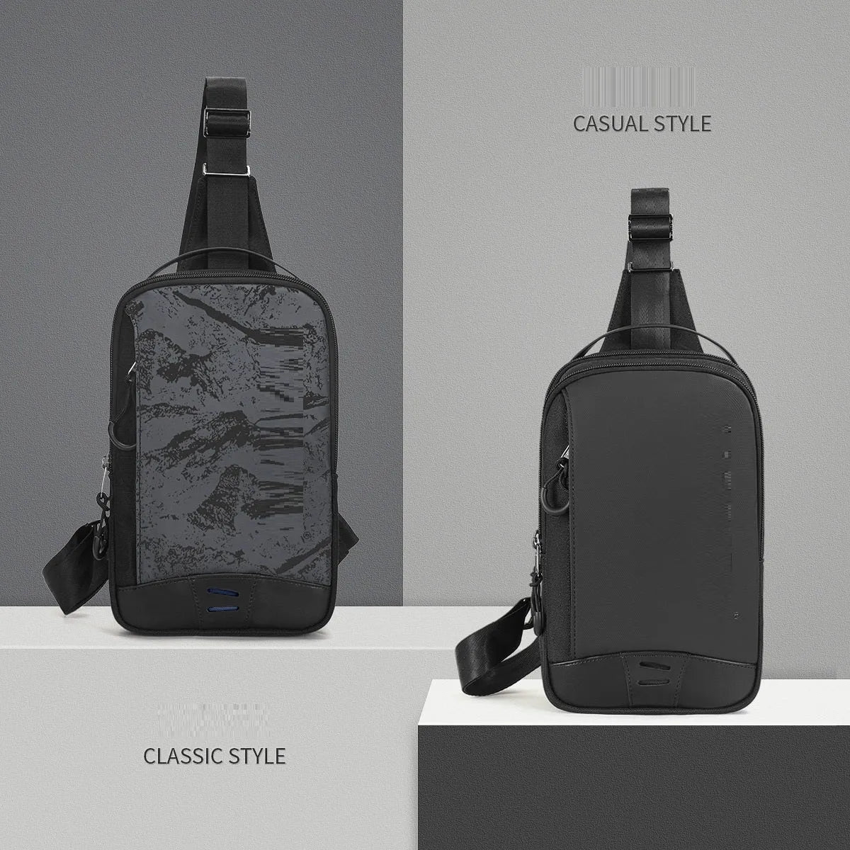 Casual black waterproof TPU chest bag with a single strap and soft handle.