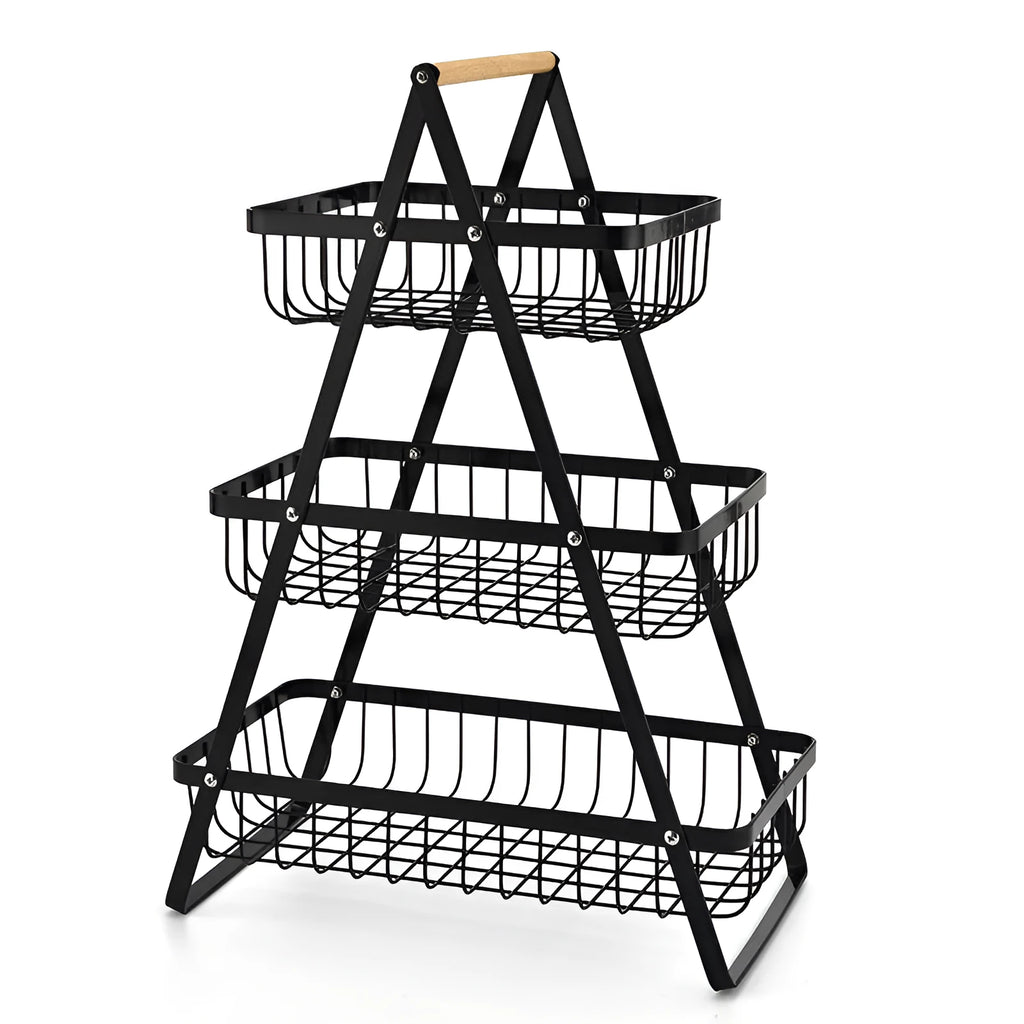 Black detachable double-layer iron fruit basket with wooden handle showing separated and stacked configurations
