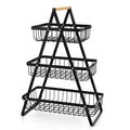 Black detachable double-layer iron fruit basket with wooden handle showing separated and stacked configurations