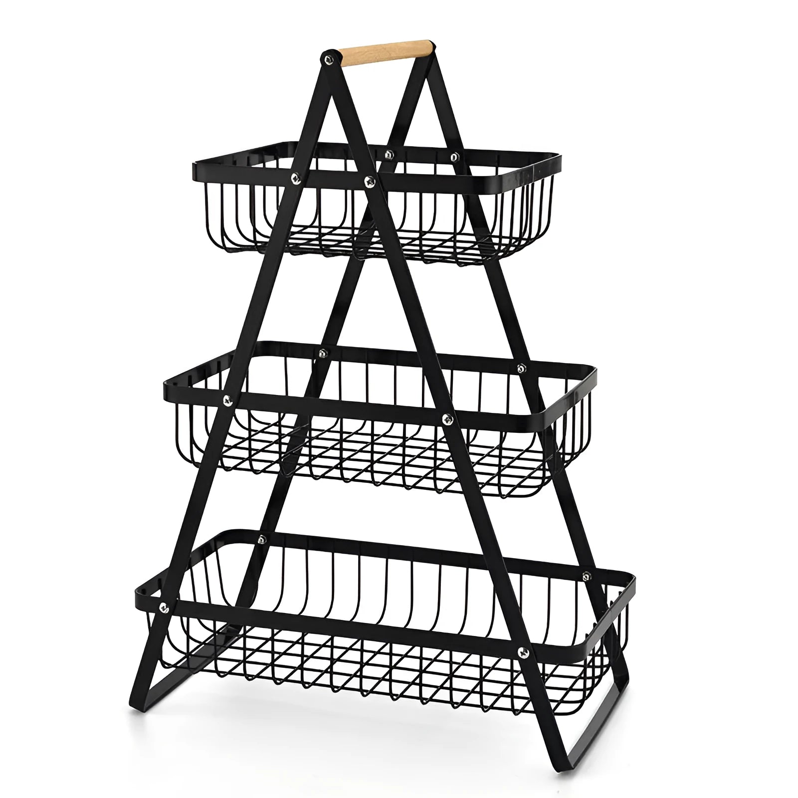 Black detachable double-layer iron fruit basket with wooden handle showing separated and stacked configurations