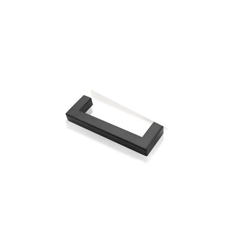 Stainless steel square pipe cabinet door handle in brushed silver finish, shown alongside matte black and brushed gold options.