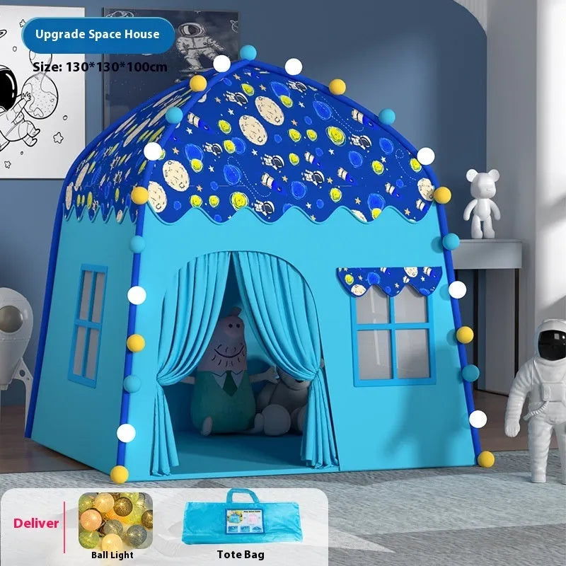 Children's Oxford cloth play tent in Blue Castle, Sweet House, Space blue or pollen design with optional light string