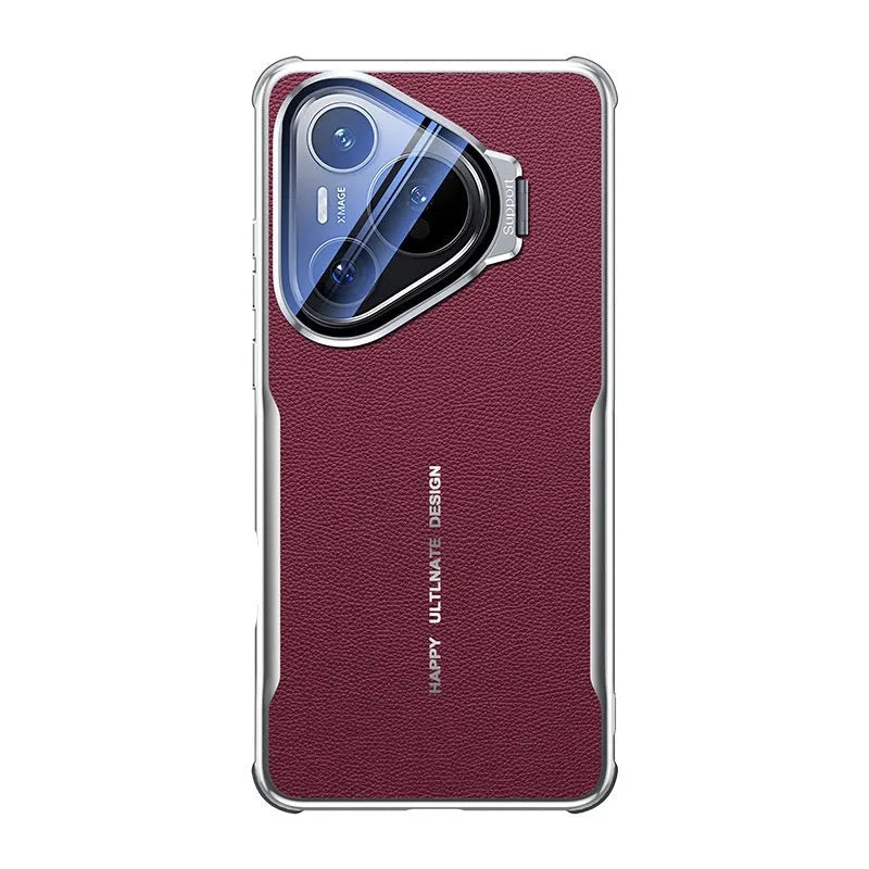 Black leather phone case for Huawei Pura with a folded-out metal stand bracket.