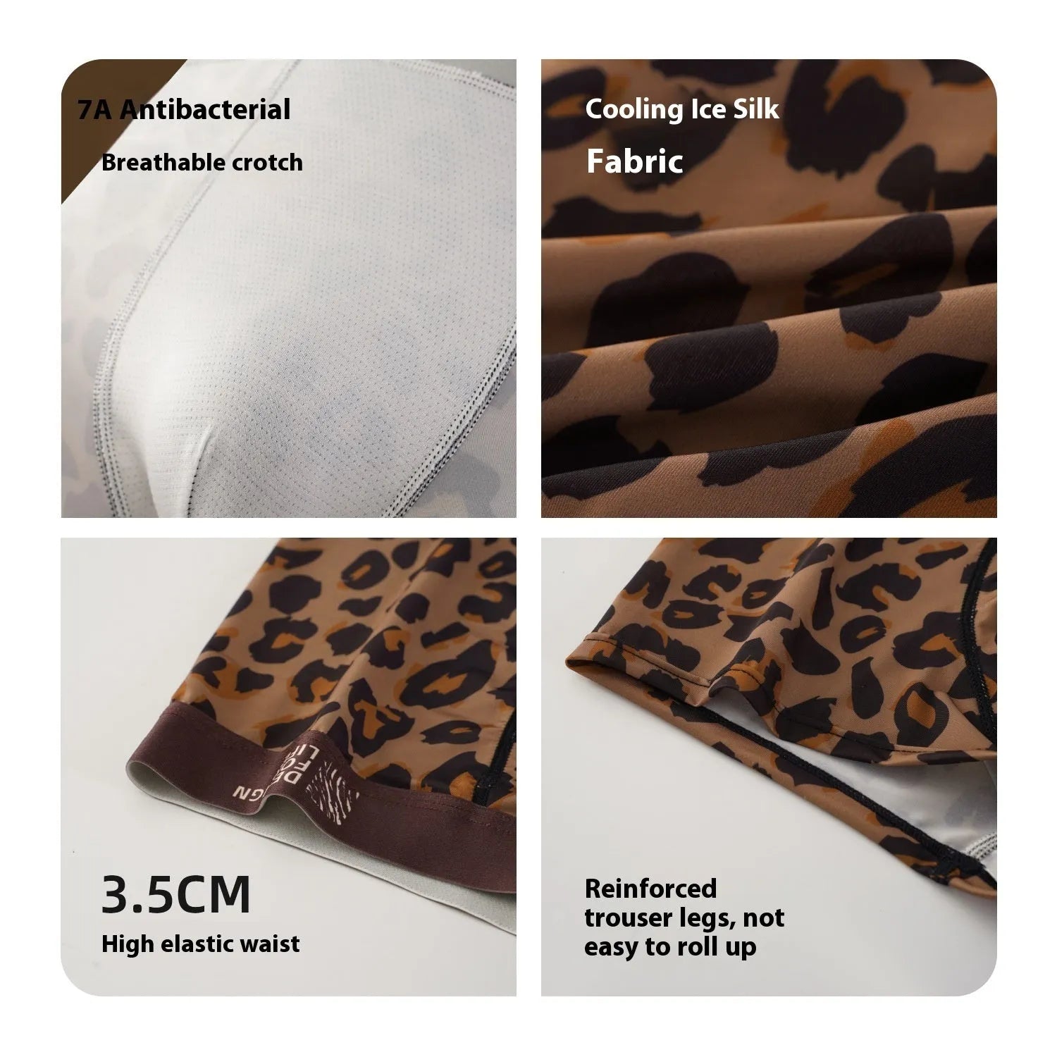 Men's leopard print ice silk underwear trousers in polyester, showing mid-waist fit.