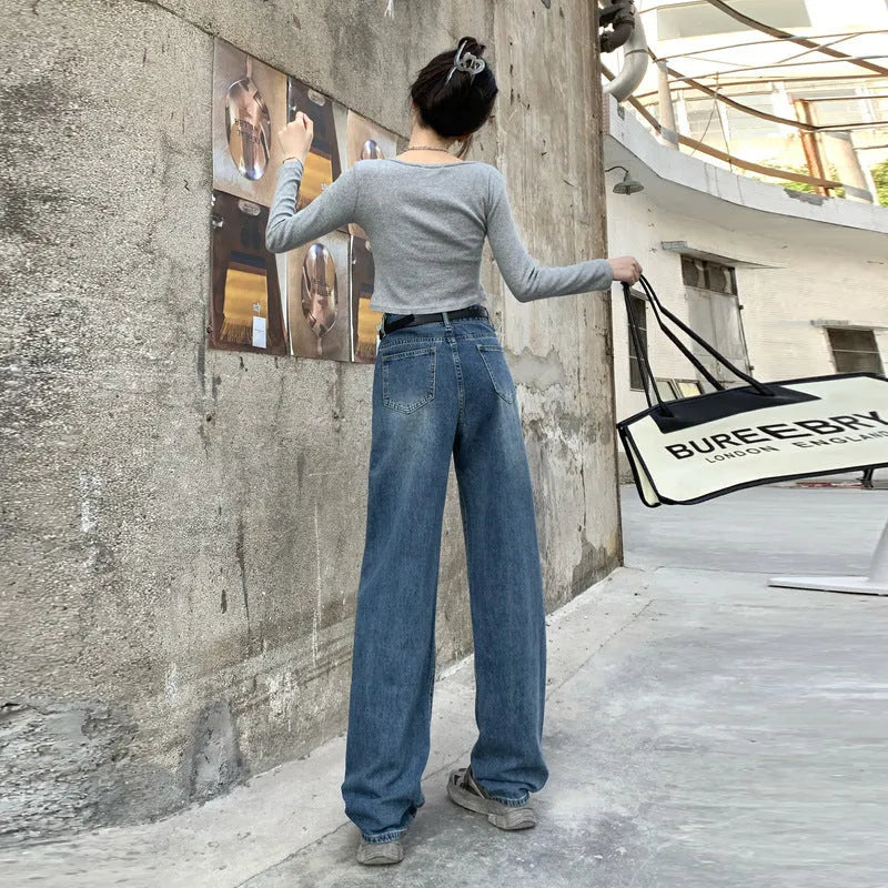 Women's Retro Blue high-waist straight-leg cotton denim jeans on a hanger.