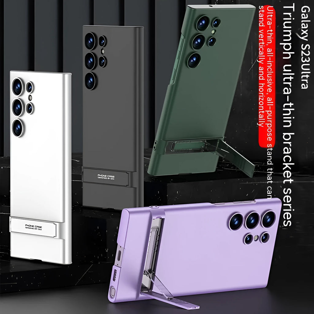 Ultra-thin frosted PC Samsung S23 phone case with built-in bracket in cool black, dark night green, dream purple, and elegant silver